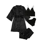 Pyjama noir sexy, bordure en dentelle, soie, doux